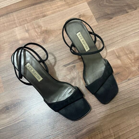 Ann Marino Y2K Black Fabric Square Strappy Sandal Heels Open Toe Kitten Mule 7.5 - Picture 3 of 8